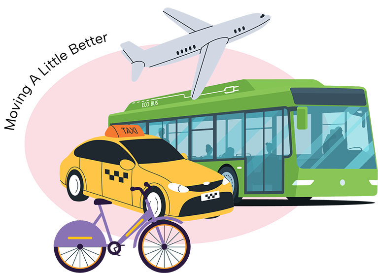 transportation scene with electric bus, bicycle and taxi